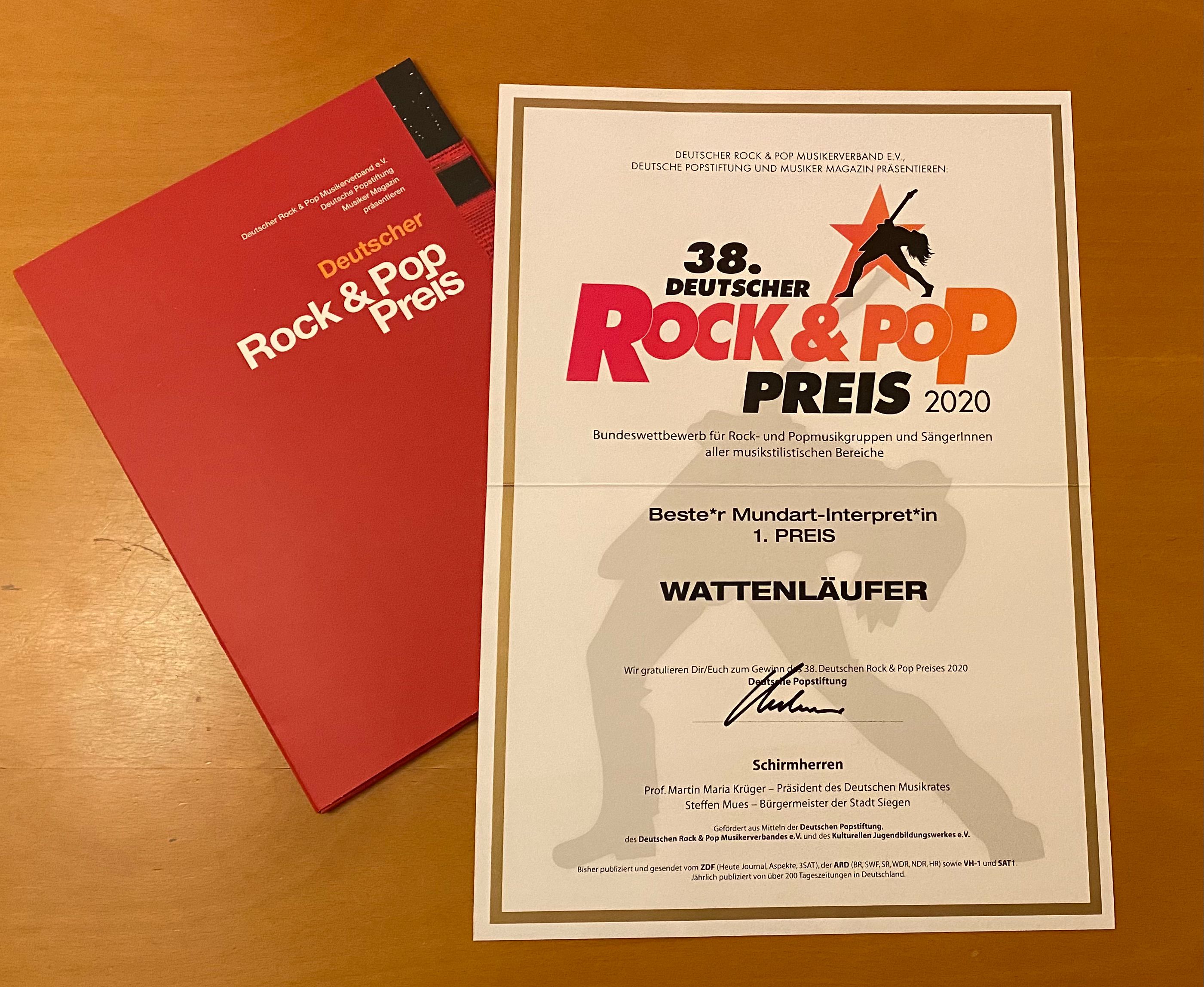 Urkunde   Rock und Pop Preis 2020